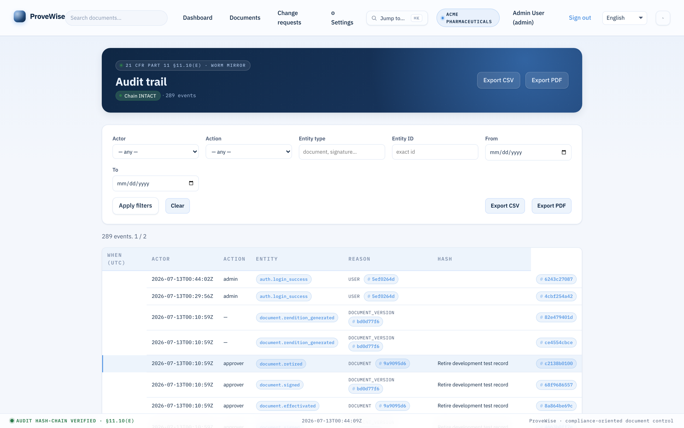 ProveWise audit trail — 21 CFR Part 11